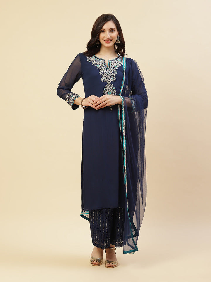 Embroidered Georgette Kurti With Palazzo And Dupatta