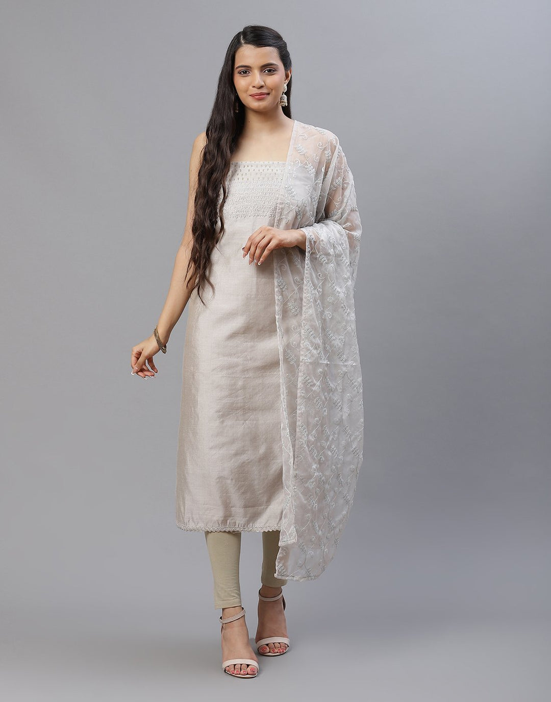 Embroidered Chanderi Suit Piece With Organza Dupatta