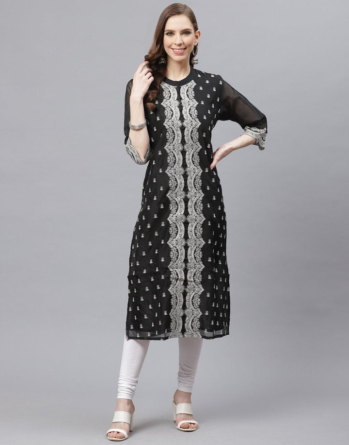 Black Straight Cotton Chanderi Kurta