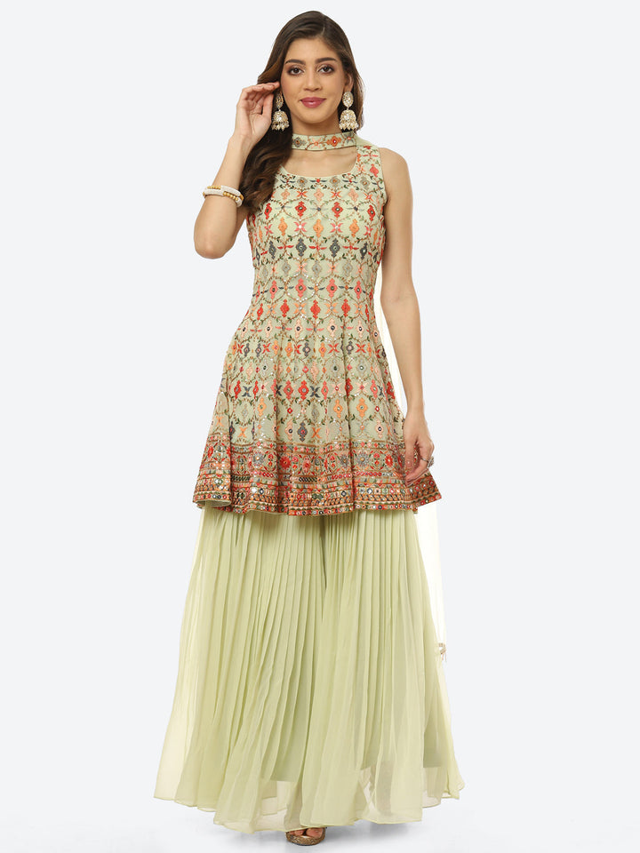 Resham Sequin Embroidered Georgette kurti With Garara &amp; Dupatta