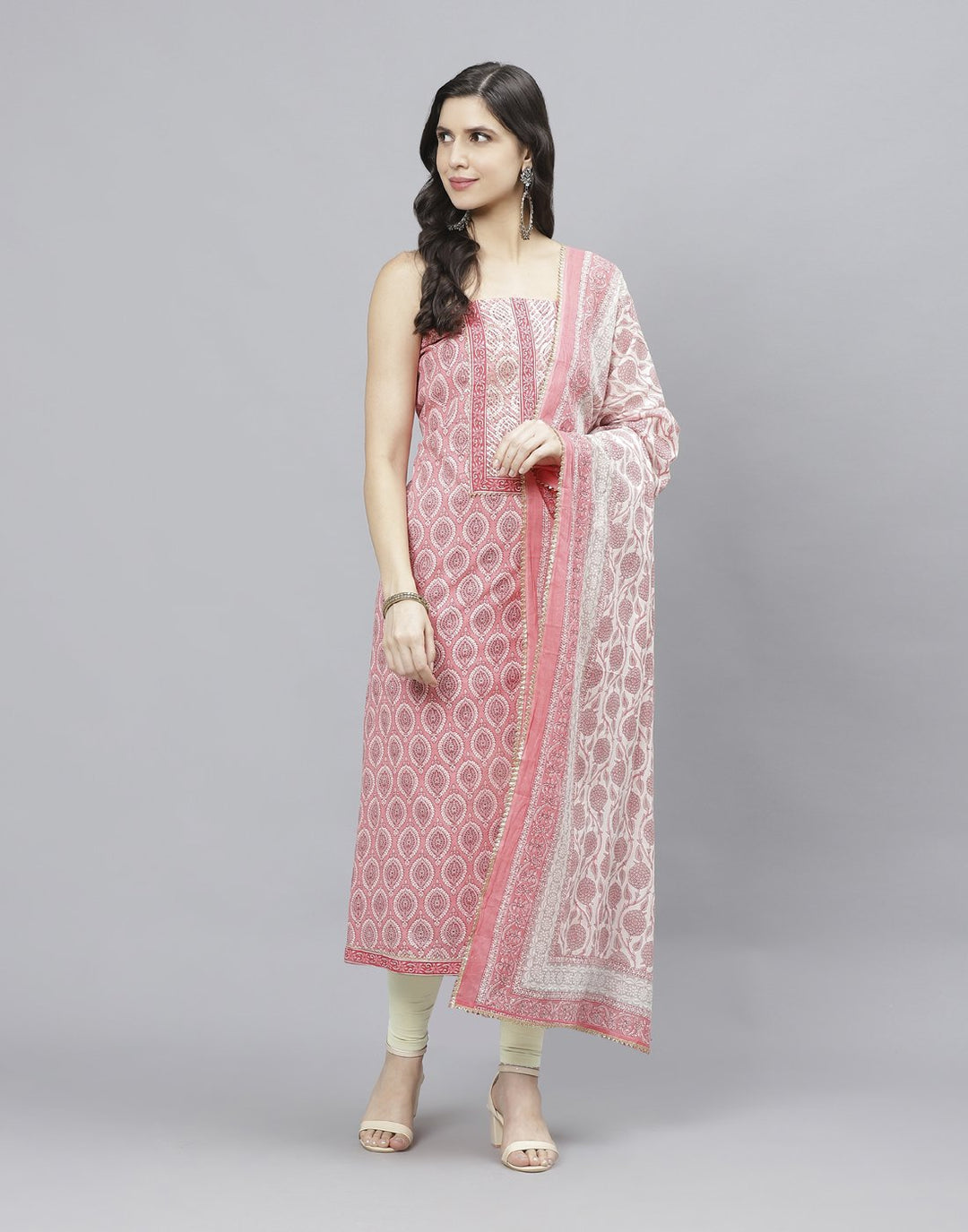 Embroidered Cotton Suit Piece With Printed Cotton Dupatta