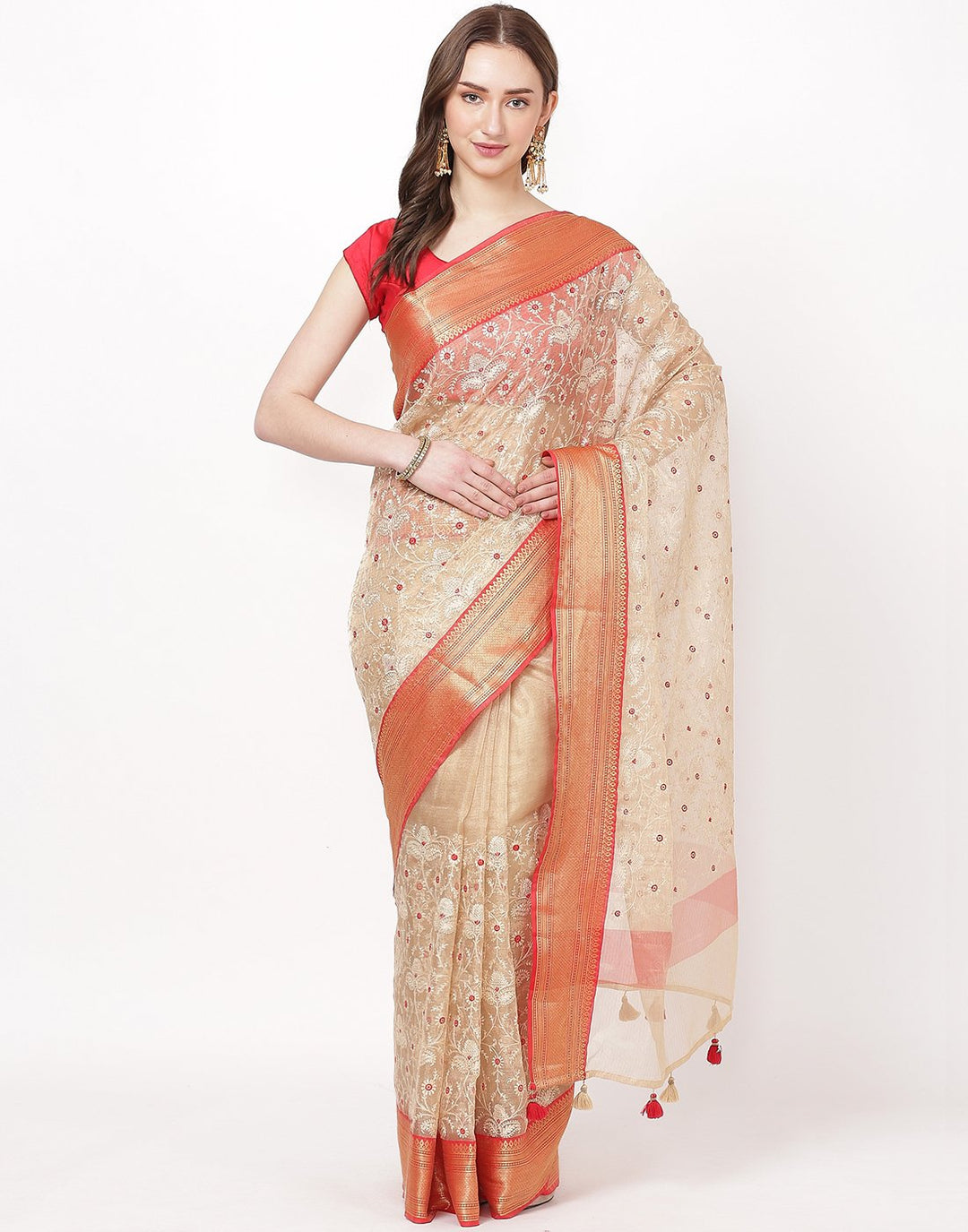 MBZ Meena Bazaar-Beige Red Cotton Tissue Saree