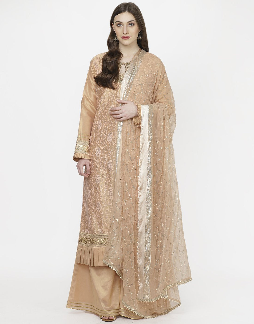 MBZ Meena Bazaar-Beautiful Peach Cotton Tissue Stitched Salwar Kameez