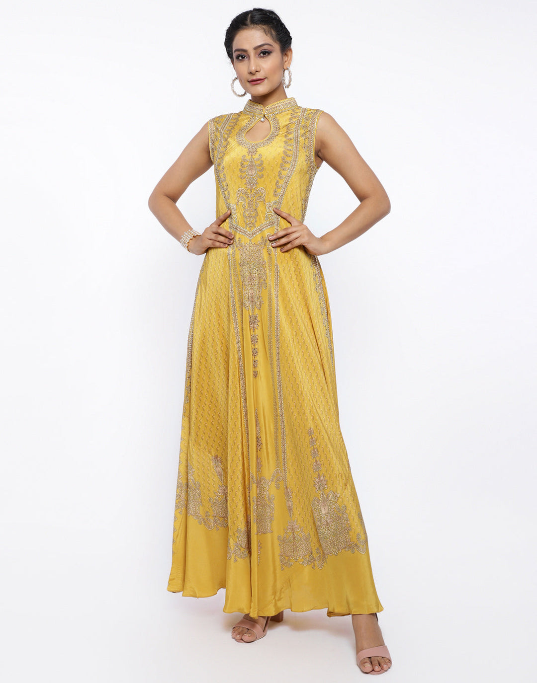 MBZ Meena Bazaar-Mustard Crepe Digital Printed Long Dress