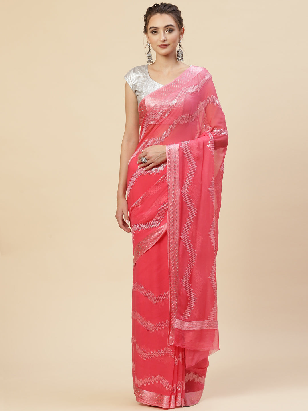 Sequin Embroidered Chiffon Plain Saree