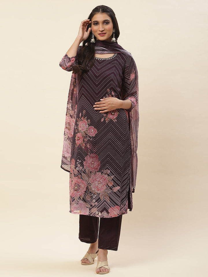 Floral Printed Georgette Kurta With Pants &amp; Dupatta
