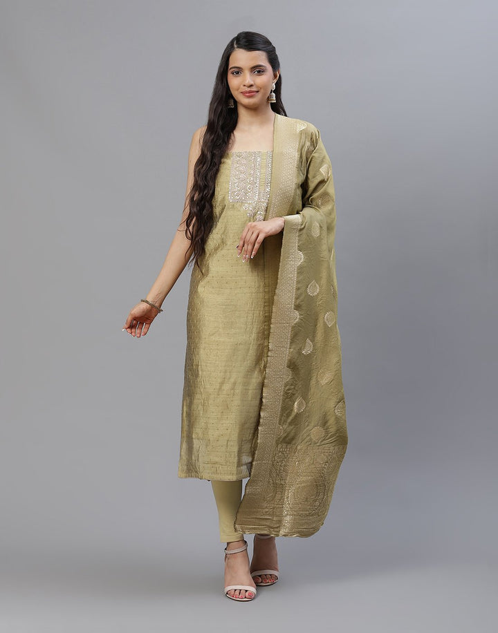 Embroidered Chanderi Suit Piece With Chanderi Banarasi Dupatta