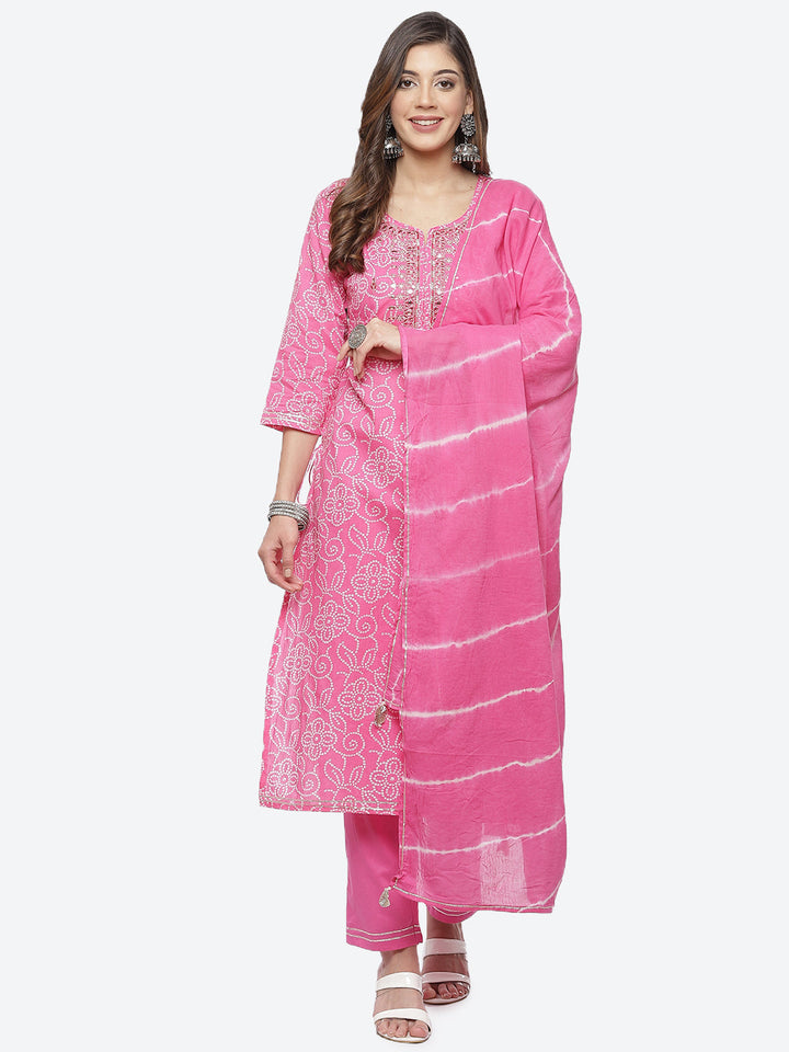 Resham Mirror Booti Cotton Kurta With Pant &amp; Chinone Dupatta