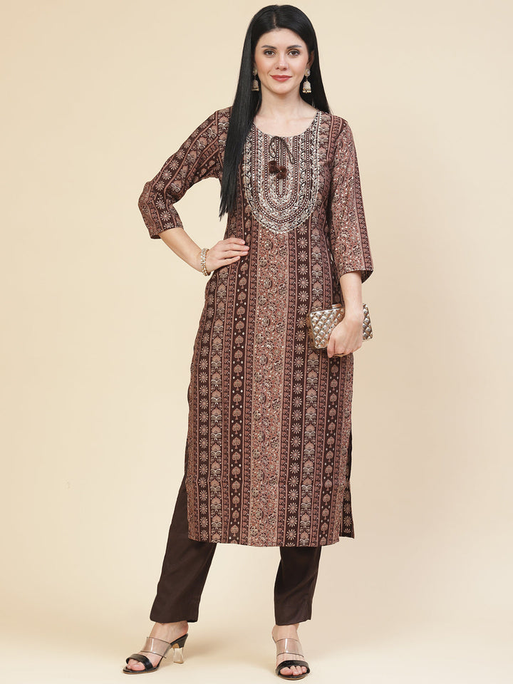 Neck Embroidered &amp; Printed Muslin Kurta With Pants