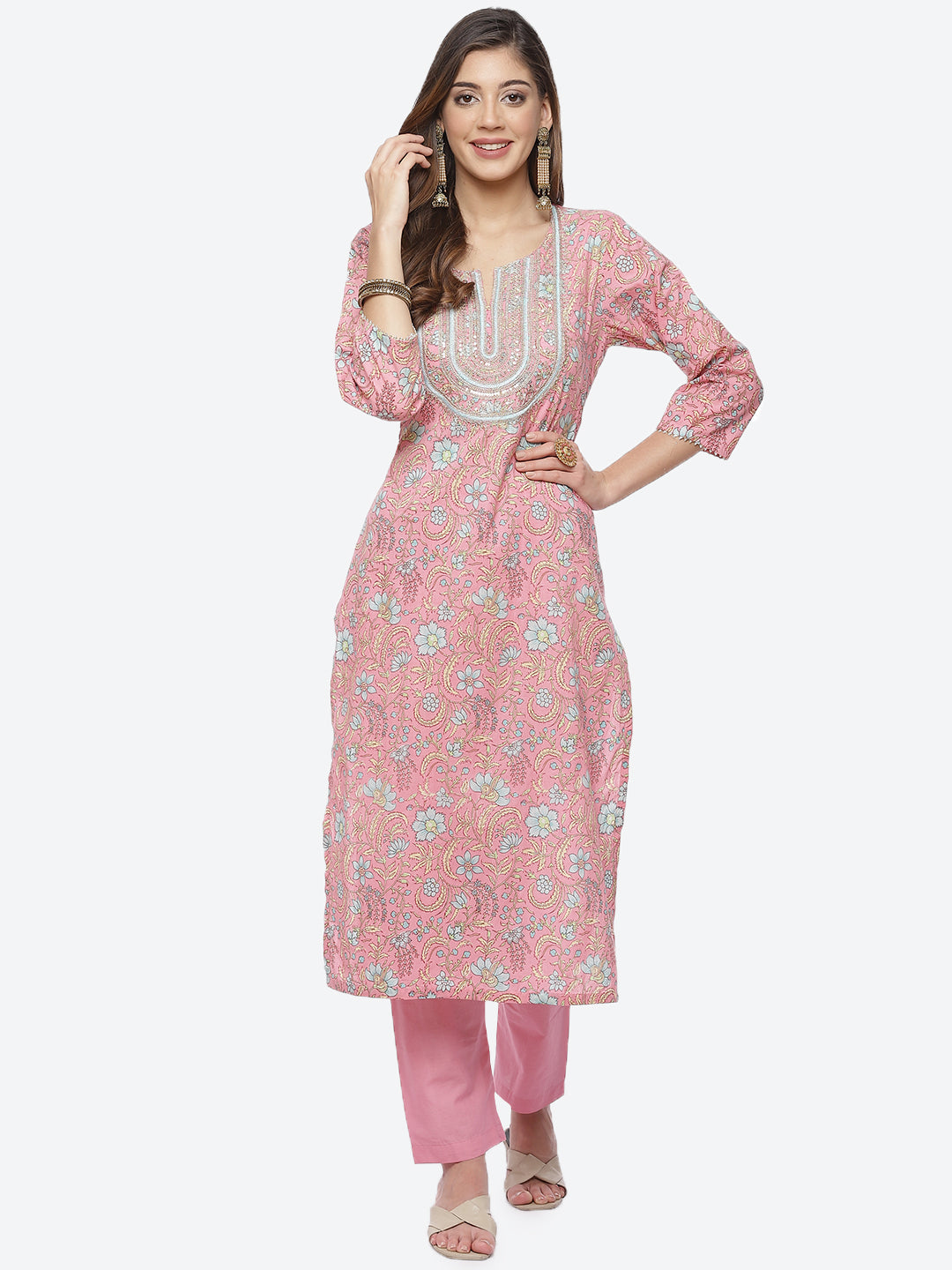 Zari Neck Embroidered Cotton Kurta With Pant