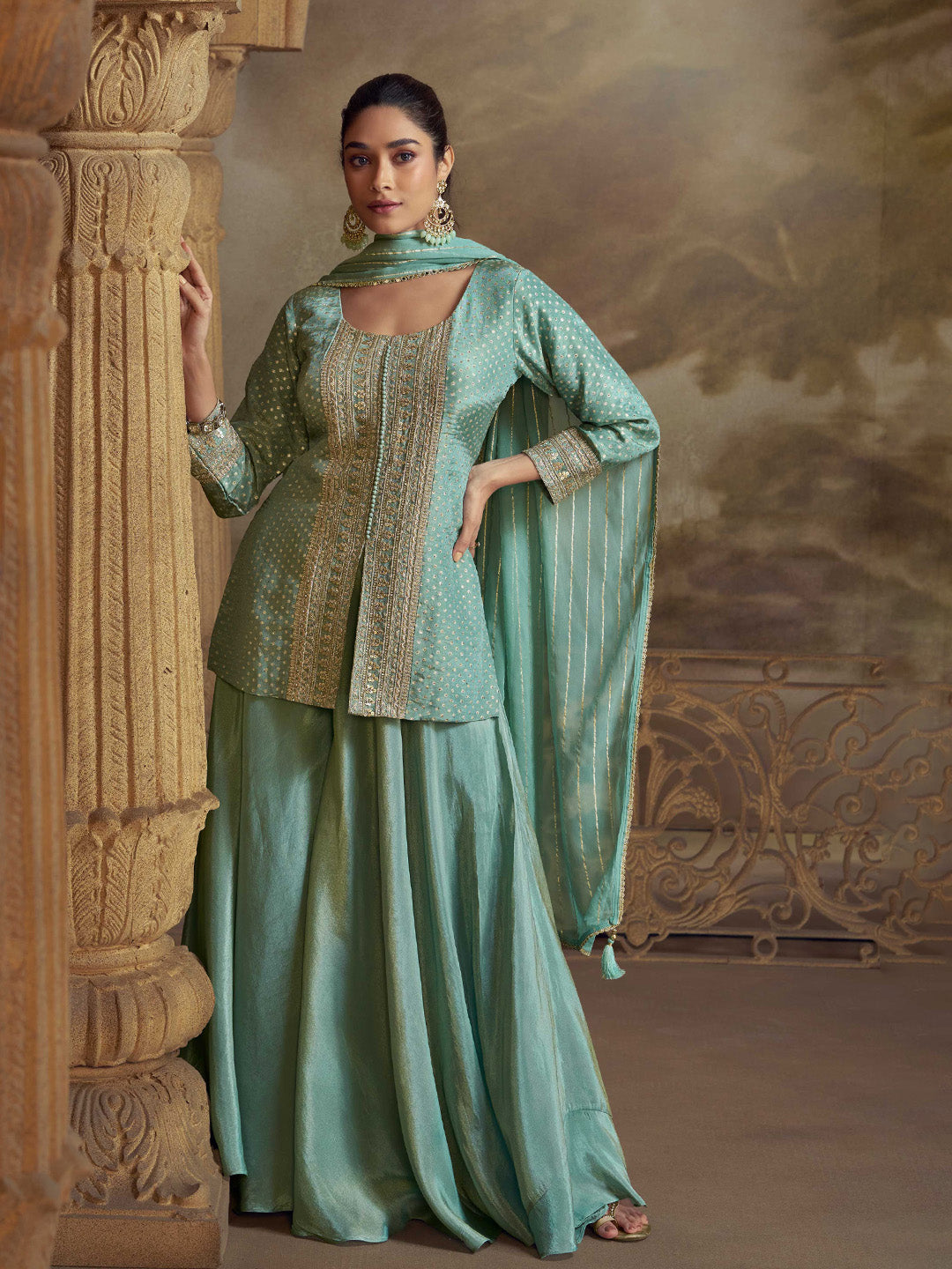 Embroidered Art Silk Kurti With Gharara &amp; Dupatta