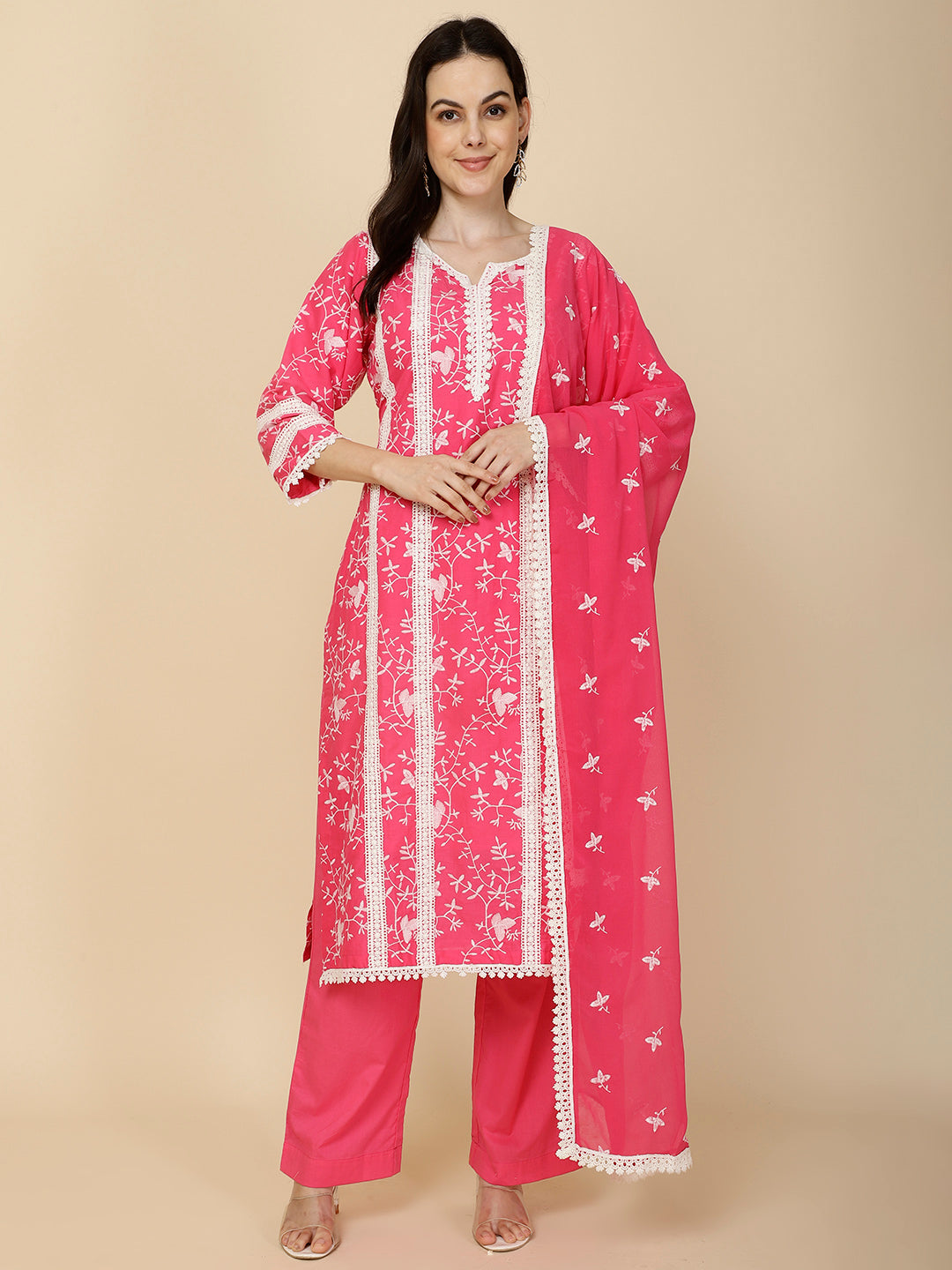 Printed &amp; Embroidery Cotton Suit Set With Dupatta