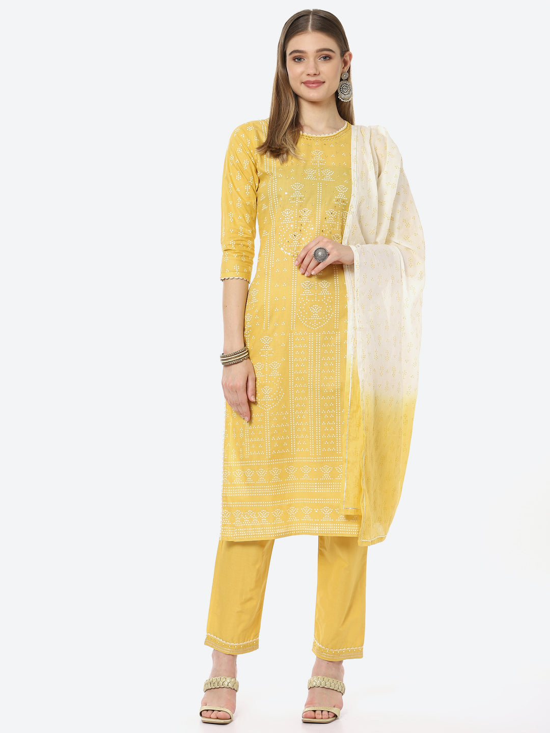 Bandhani Mirror Work Cotton Kurta With Pant &amp; Cotton Dupatta
