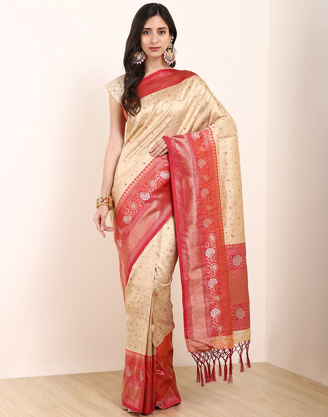 Beige Rani Banarasi Art Handloom Saree