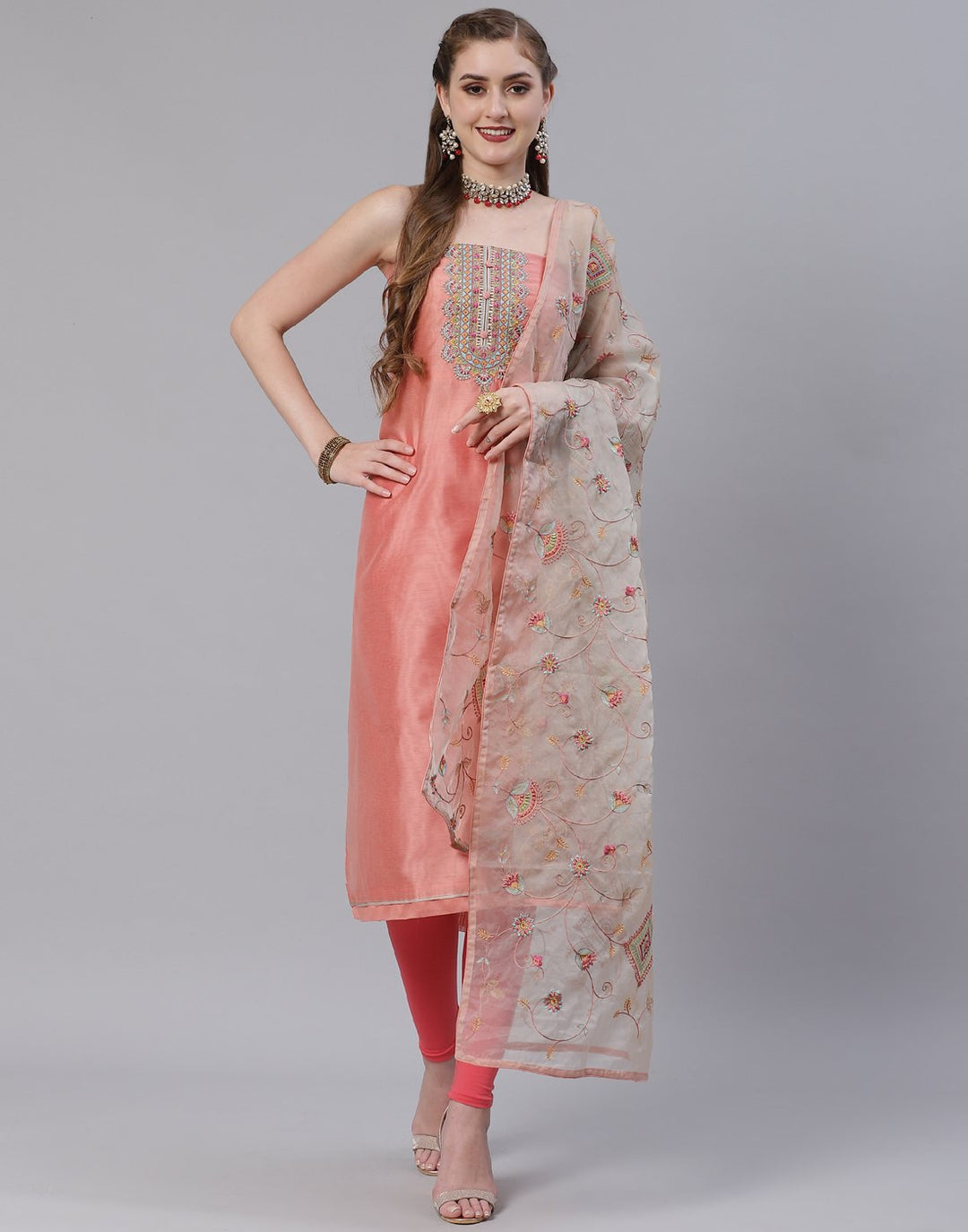 Chanderi Embroidered Suit Piece with fancy dupatta