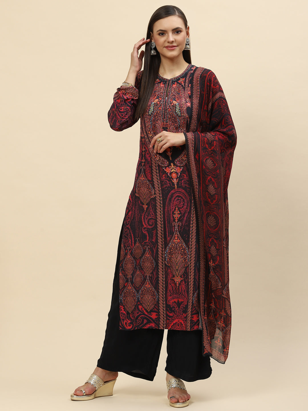 Floral Digital Printed Crepe Kurta With Palazzo &amp; Net Dupatta