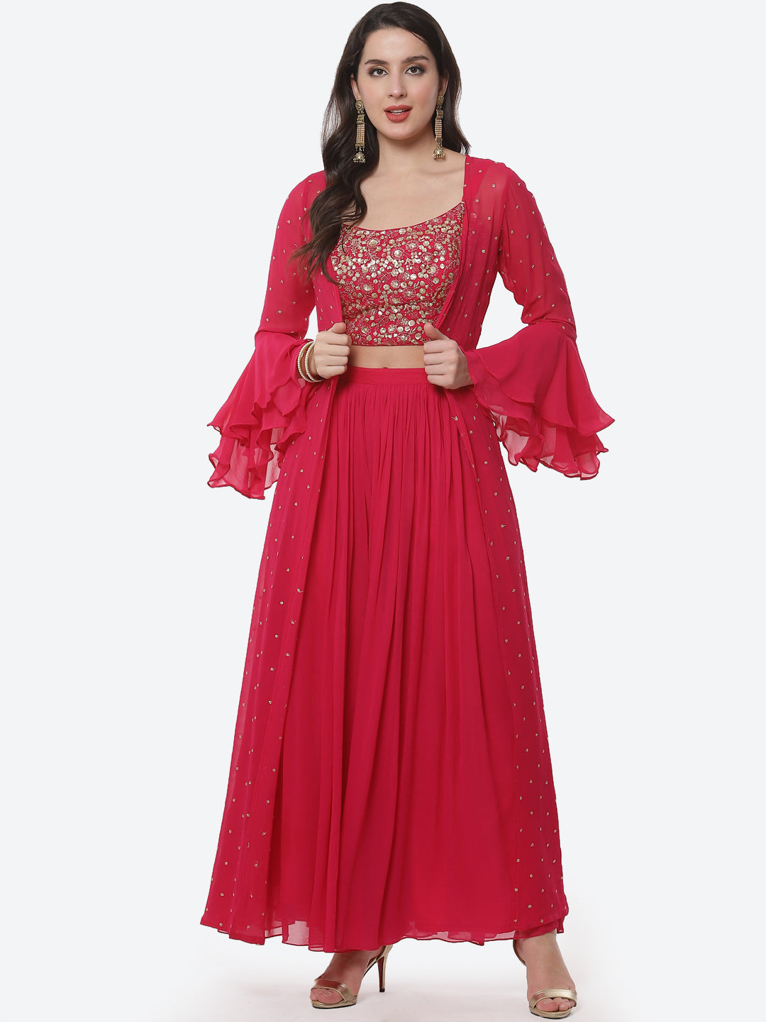 Embroidered Georgette Top With Pleated Palazzo &amp; Jacket