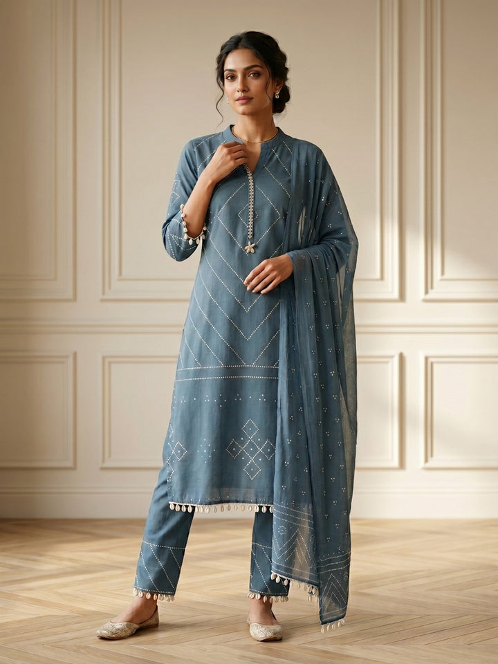 Blue Embroidered Cotton Blend Straight V Neck Suit Set