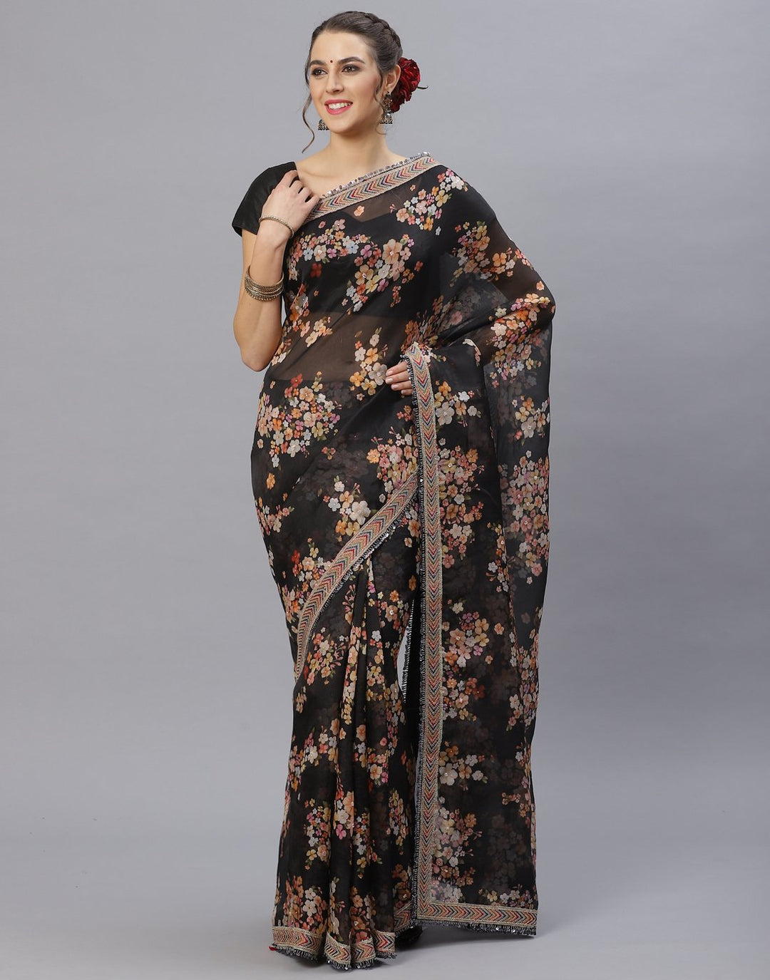 Black Floral Printed Kora Saree
