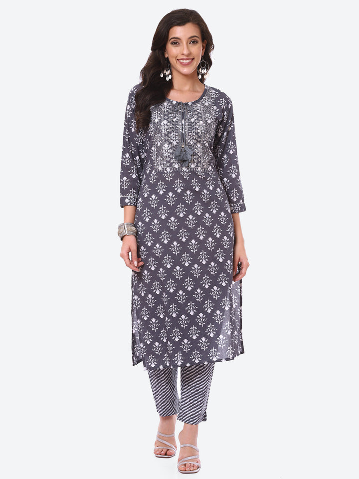 Sequence Work Printed Cotton Kurta With Pant