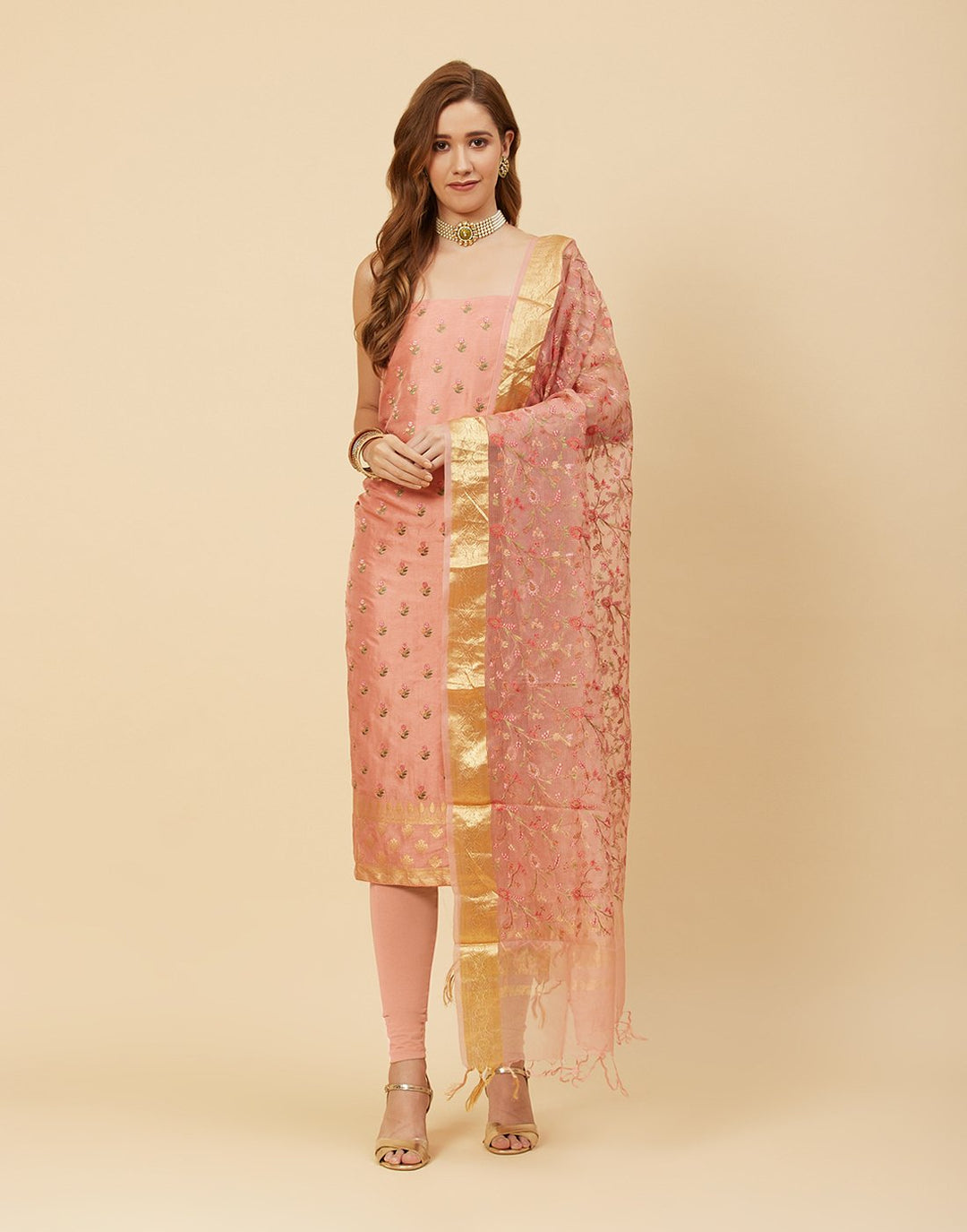 Embroidered Art Handloom Dupion Suit Piece With Organza Dupatta