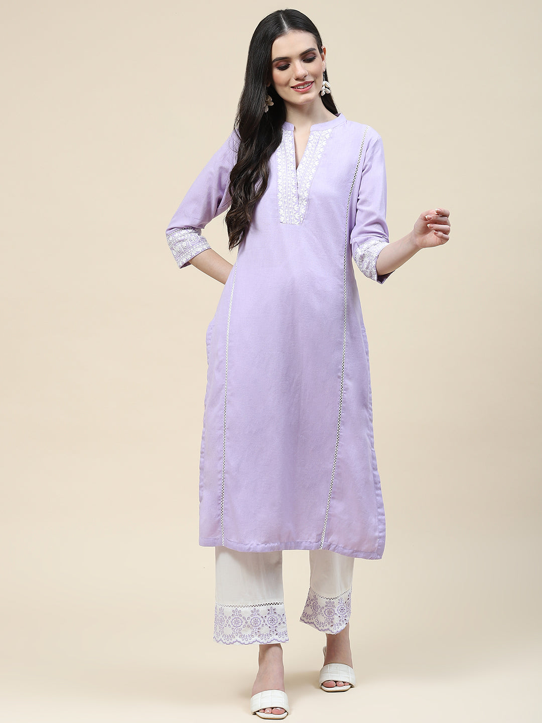 Embroidered Cotton Kurta With Pants
