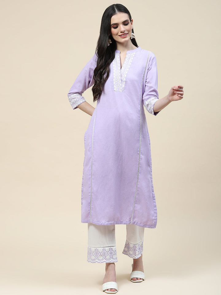 Embroidered Cotton Kurta With Pants