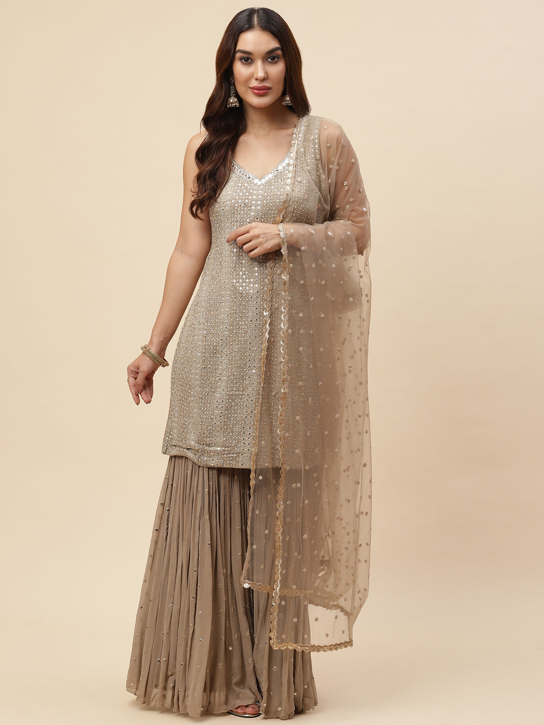 Embroidered Georgette Kurta With Garara &amp; Net Dupatta
