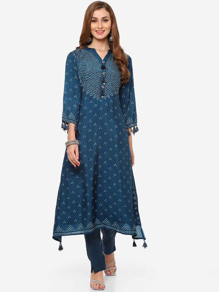 Bandhani Printed Banarasi A-Line Kurta With Pant