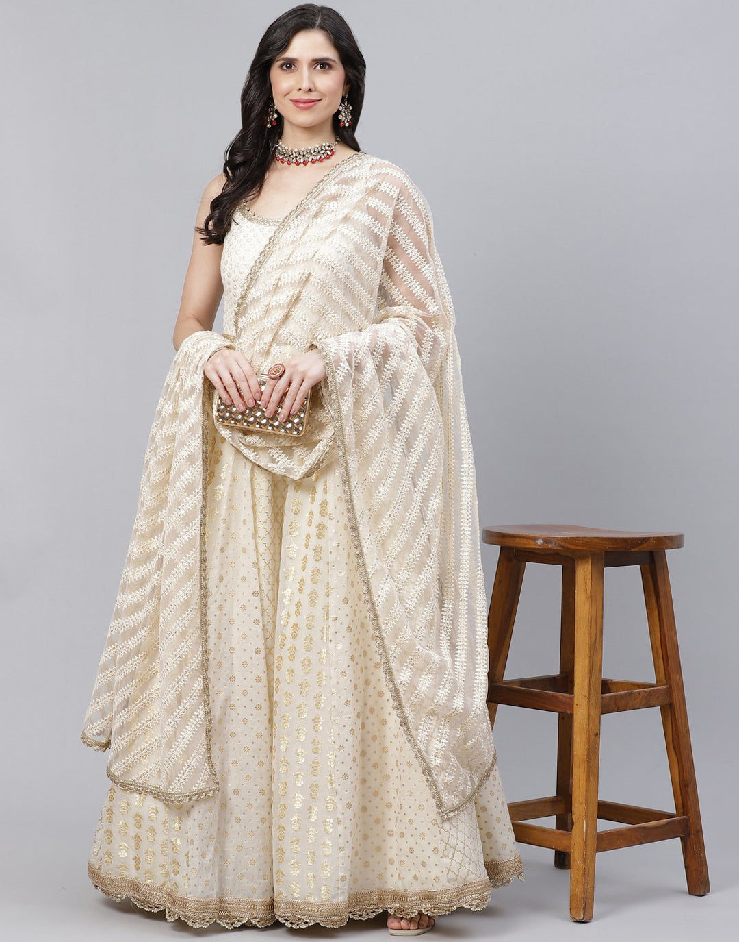 Cream Cotton Chanderi Salwar Kameez Stitched Suit