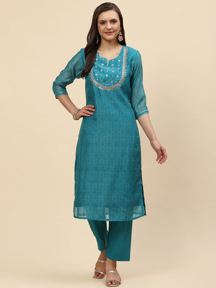 Gota Work &amp; Printed Chanderi Kurta With Pants