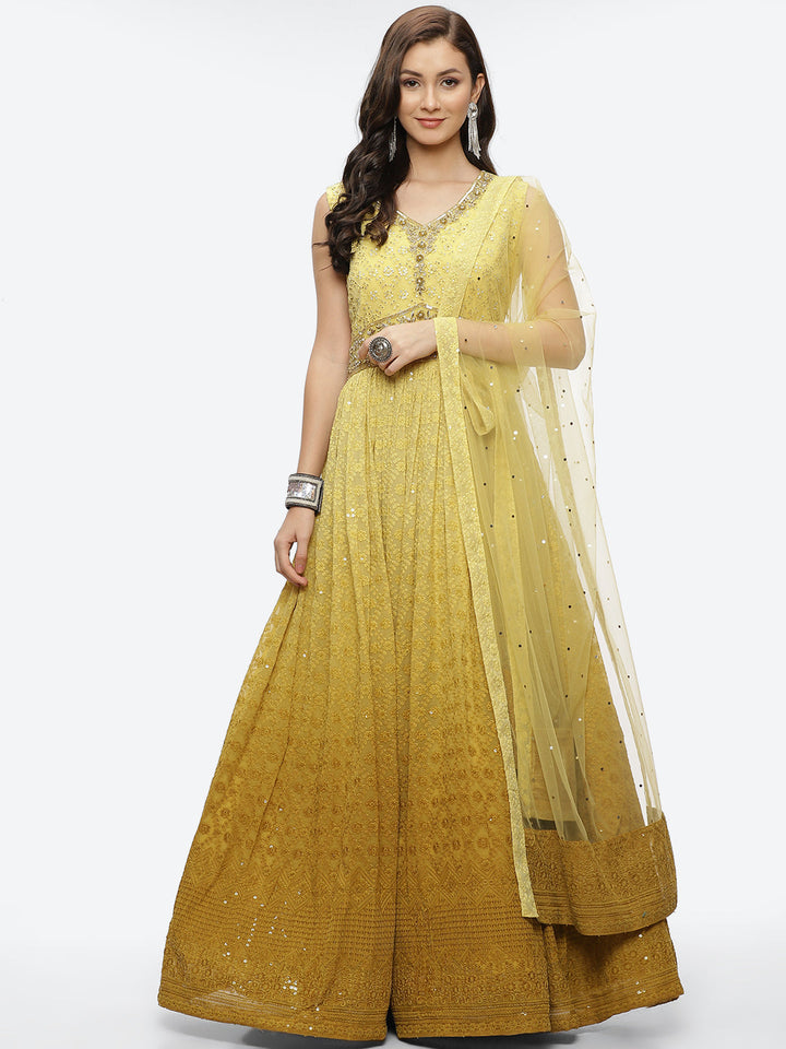 Embroidered Georgette Anarkali Kurta With Churidar &amp; Dupatta