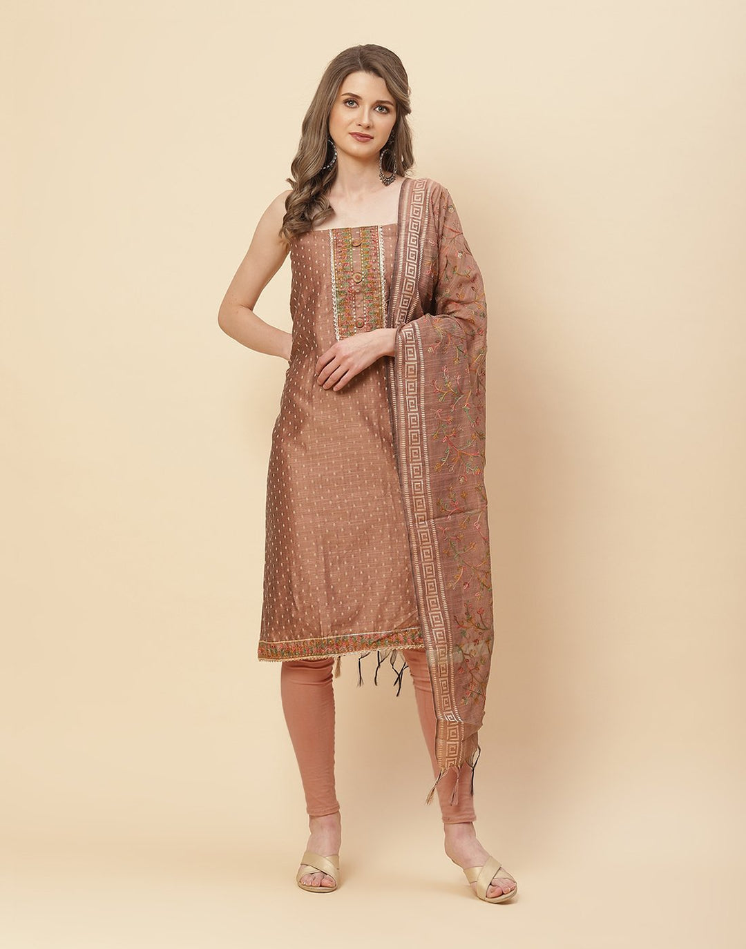 Embroidered Chanderi Suit Piece With Dupatta