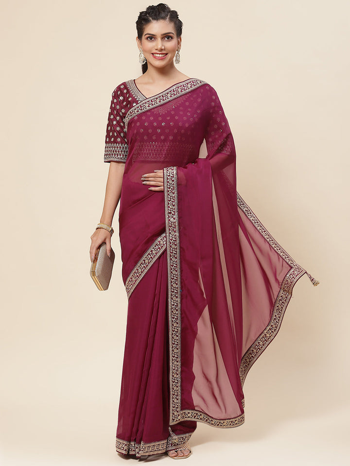 Plain &amp; Embroidered Border Organza Saree