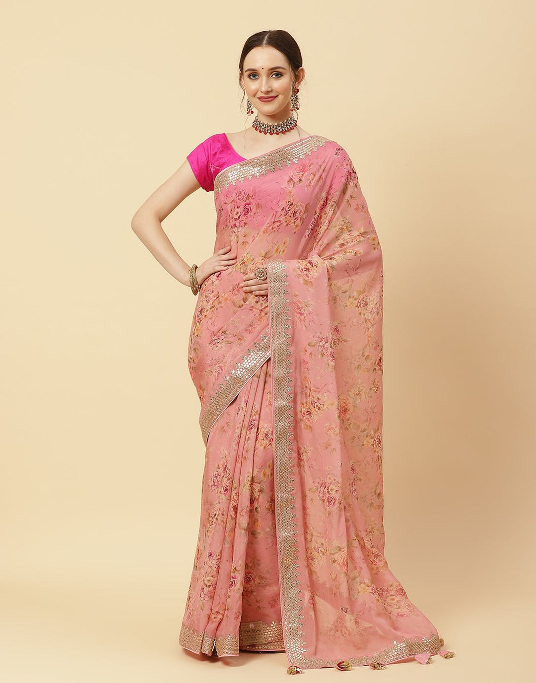 Digital Printed Organza Kora Gota Patti Saree