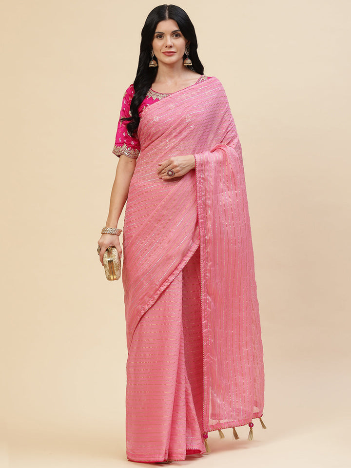 Stripes Embroidered Organza Saree