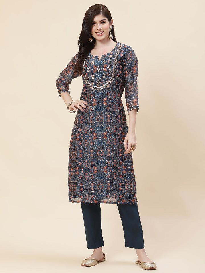Printed Chanderi Kurta With Pants