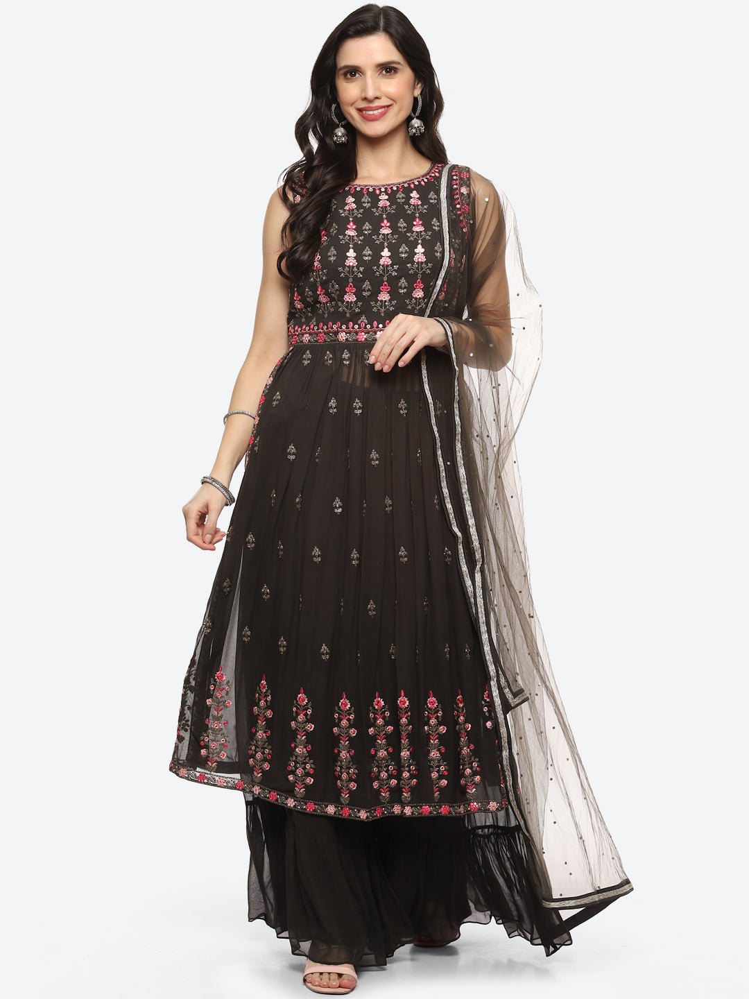 Resham Mirror Booti Georgette Kurta With Churidar &amp; Net Dupatta