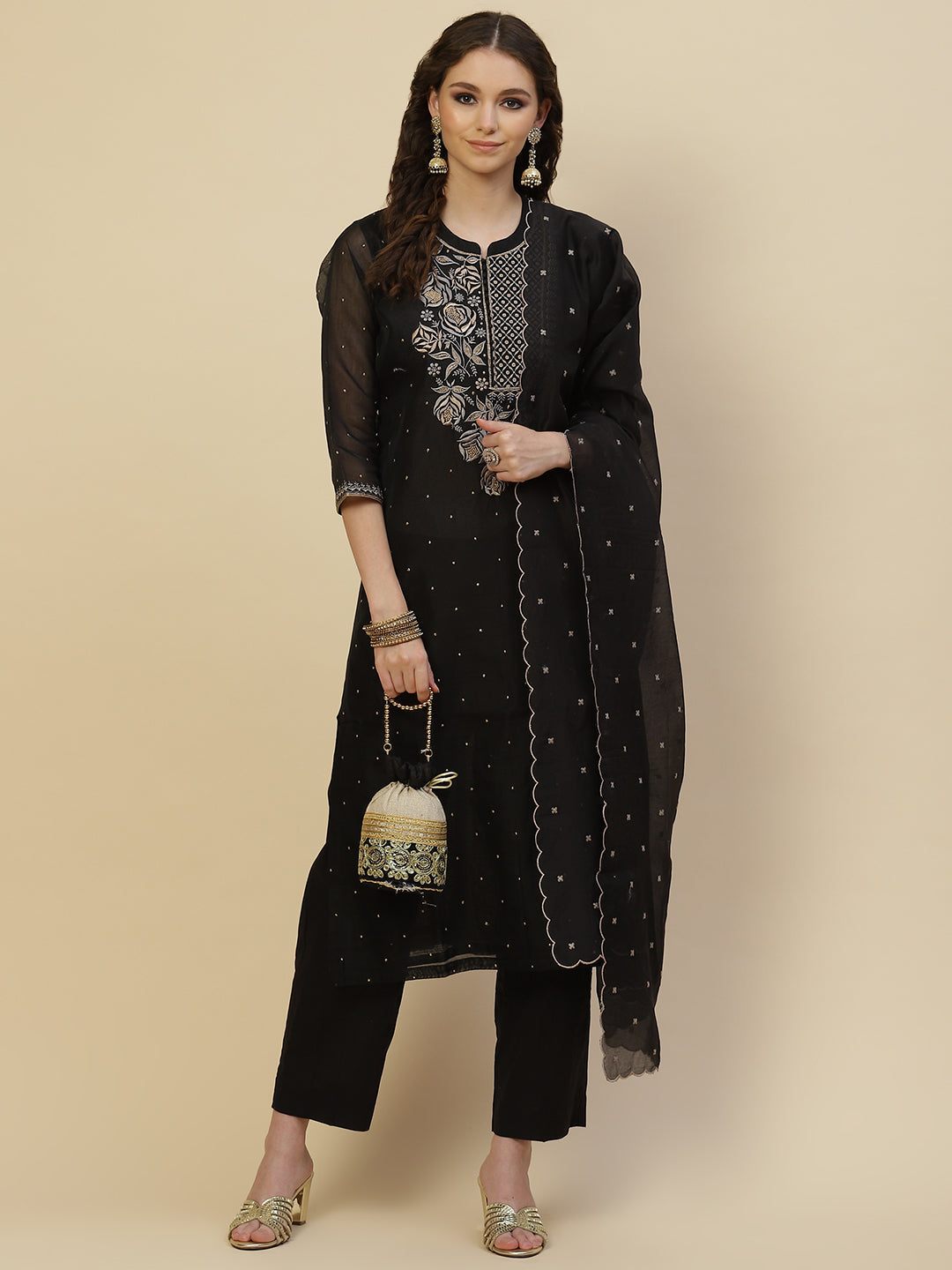 Resham Neck Embroidered Chanderi Kurta With Pants &amp; Dupatta