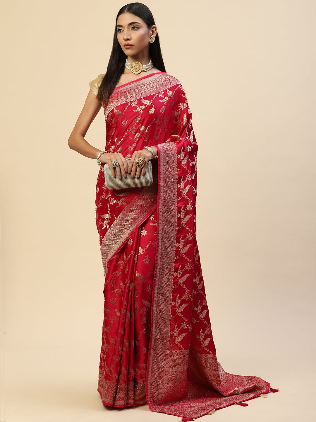 Floral Stone Jaal Satin Woven Saree