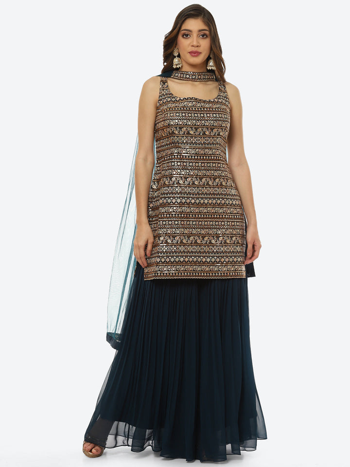 Zari Embroidered Georgette kurta With Palazzo &amp; Dupatta