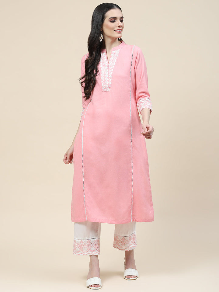 Embroidered Cotton Kurta With Pants