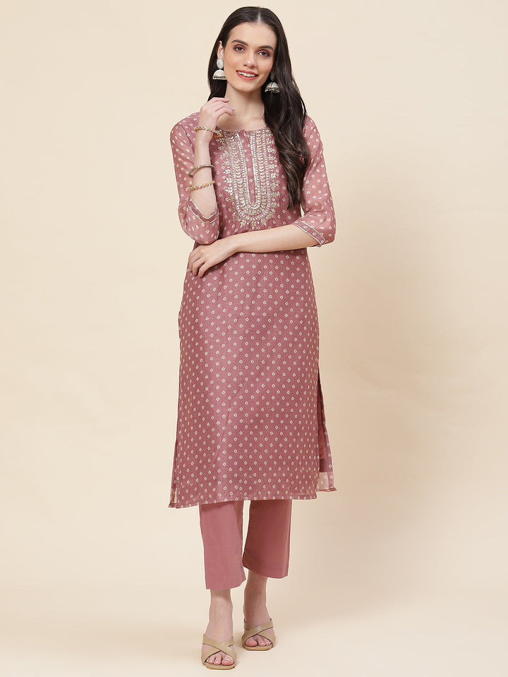 Printed &amp; Neck Embroidered Chanderi Kurta With Pants