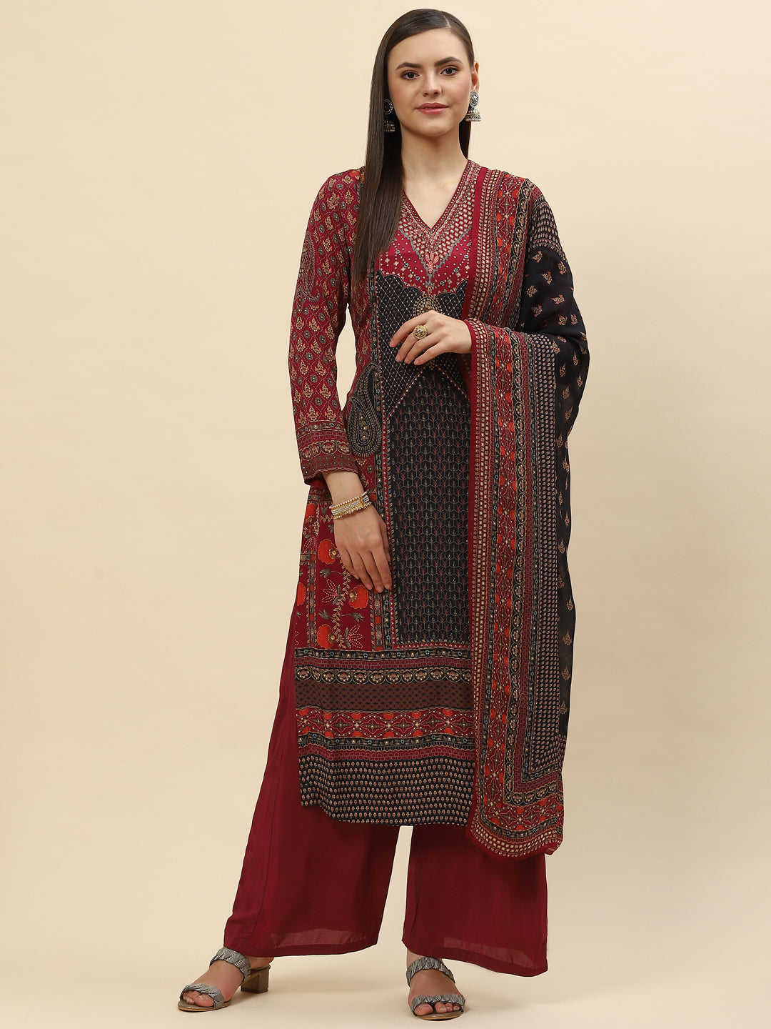 Digital Printed Crepe Kurta With Palazzo &amp; Net Dupatta