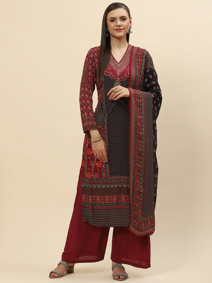 Digital Printed Crepe Kurta With Palazzo &amp; Net Dupatta