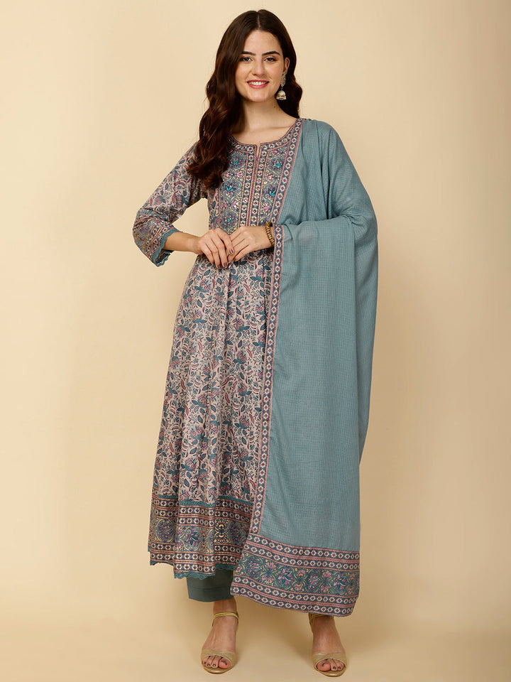 Floral Block Printed Anarkali Kurta With Pants &amp; Dupatta