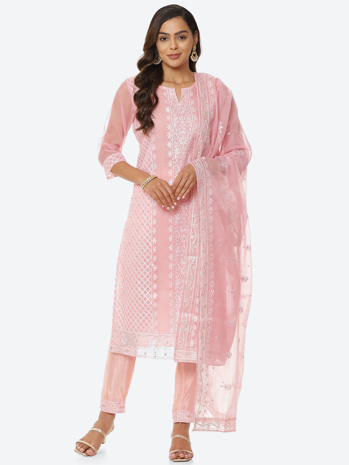 Resham Booti Organza Kurta With Pant &amp; Dupatta