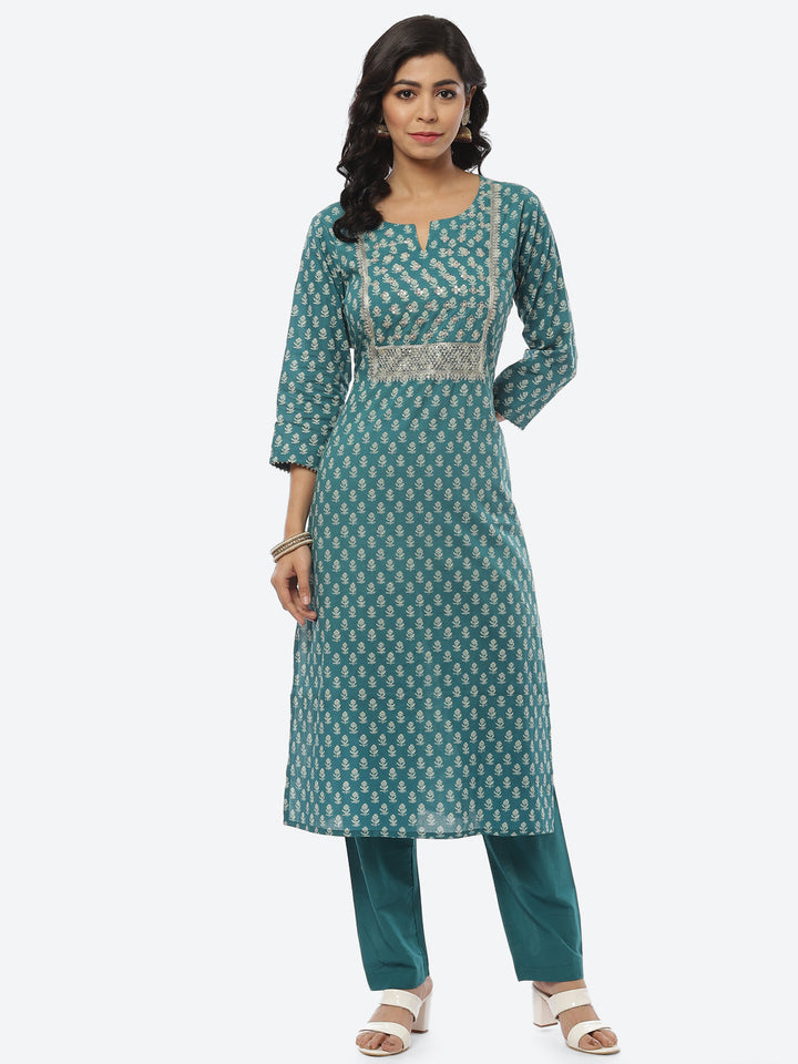 Printed Zari Neck Cotton Kurti With Pant