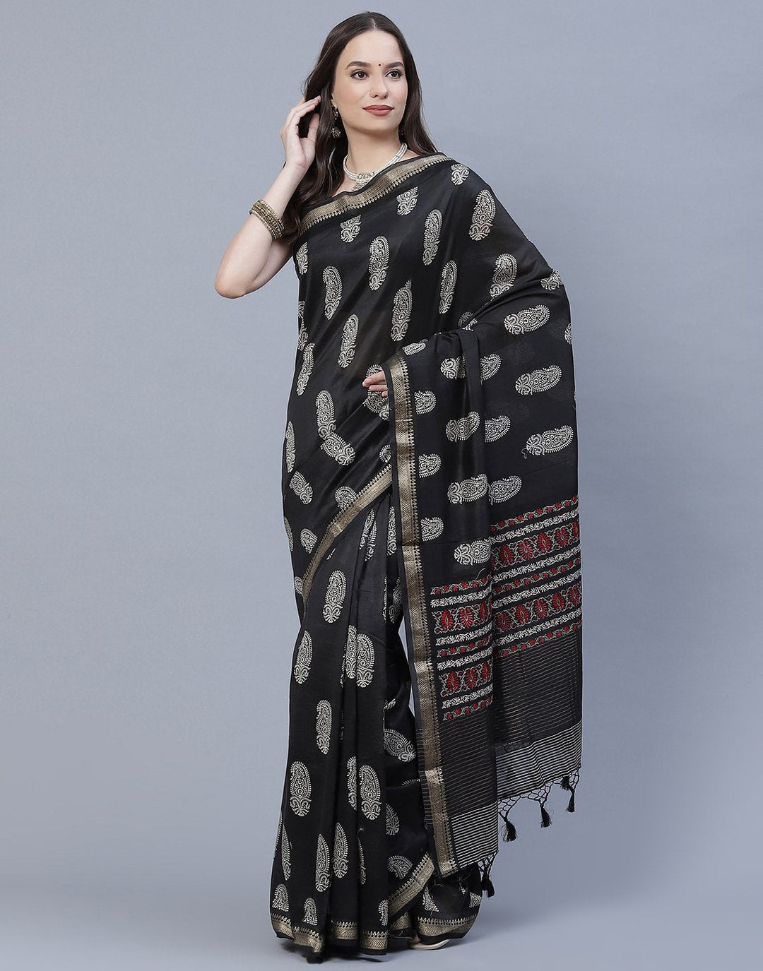 Black Printed Cotton Chanderi Saree
