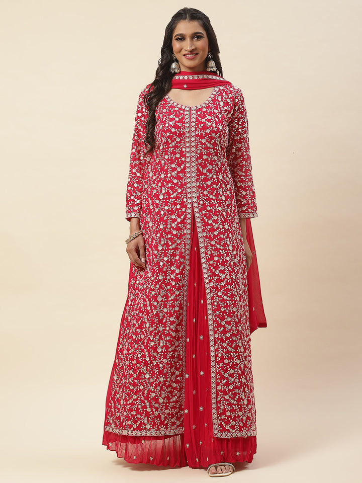 Embroidered Georgette Kurta With Skirt &amp; Dupatta